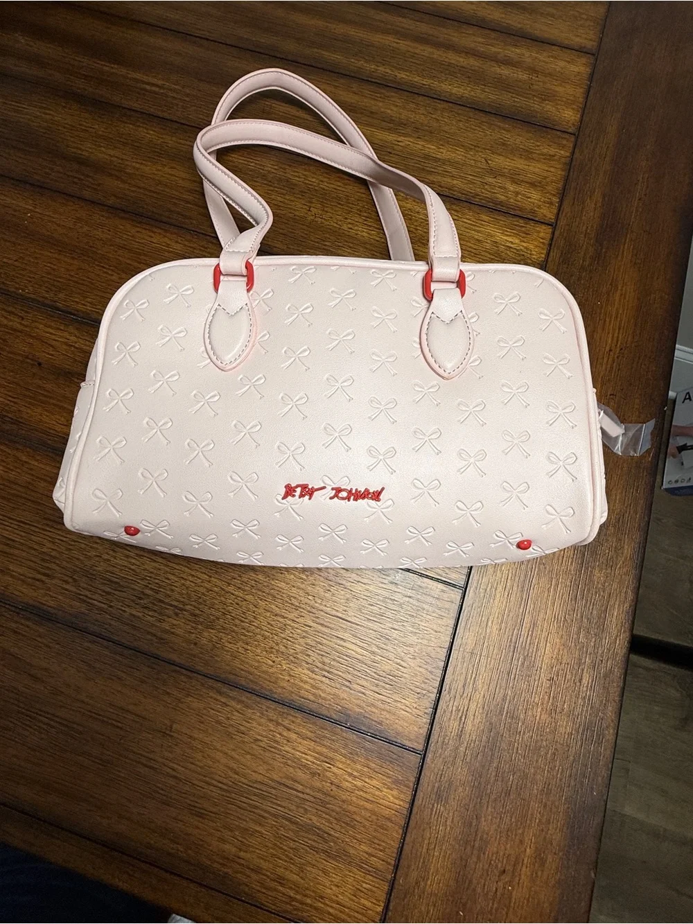 Betsey Johnson Pink Bow Shoulder Bag Pearl Chain Charm Zip Lined Inner Pockets
